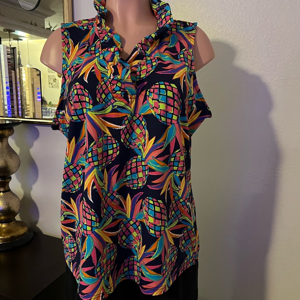Lulu-B Multicolor Pineapple Print Ruffle Blouse